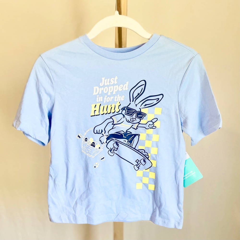 Cat‎ & Jack Boys Easter Graphic Tee Blue Skateboarding Bunny Hunt Shirt NEW
